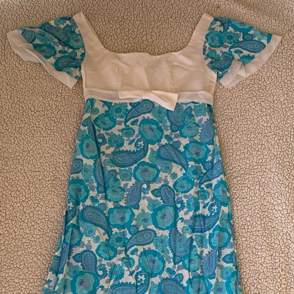 Vintage 60s/70s Handmade Maxi Milkmaid Babydoll Paisley Blue & White Dress - Picture 2 of 3
